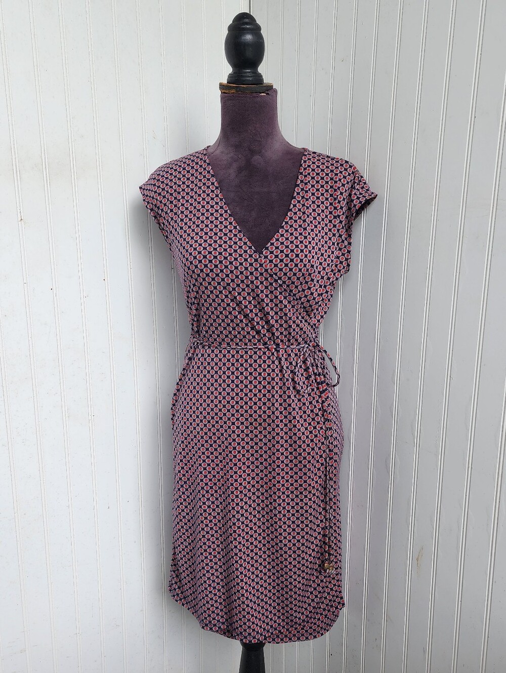 Michael Kors Geo Print Wrap Dress Womens Tie Waist Stretch Black Red Sz S
